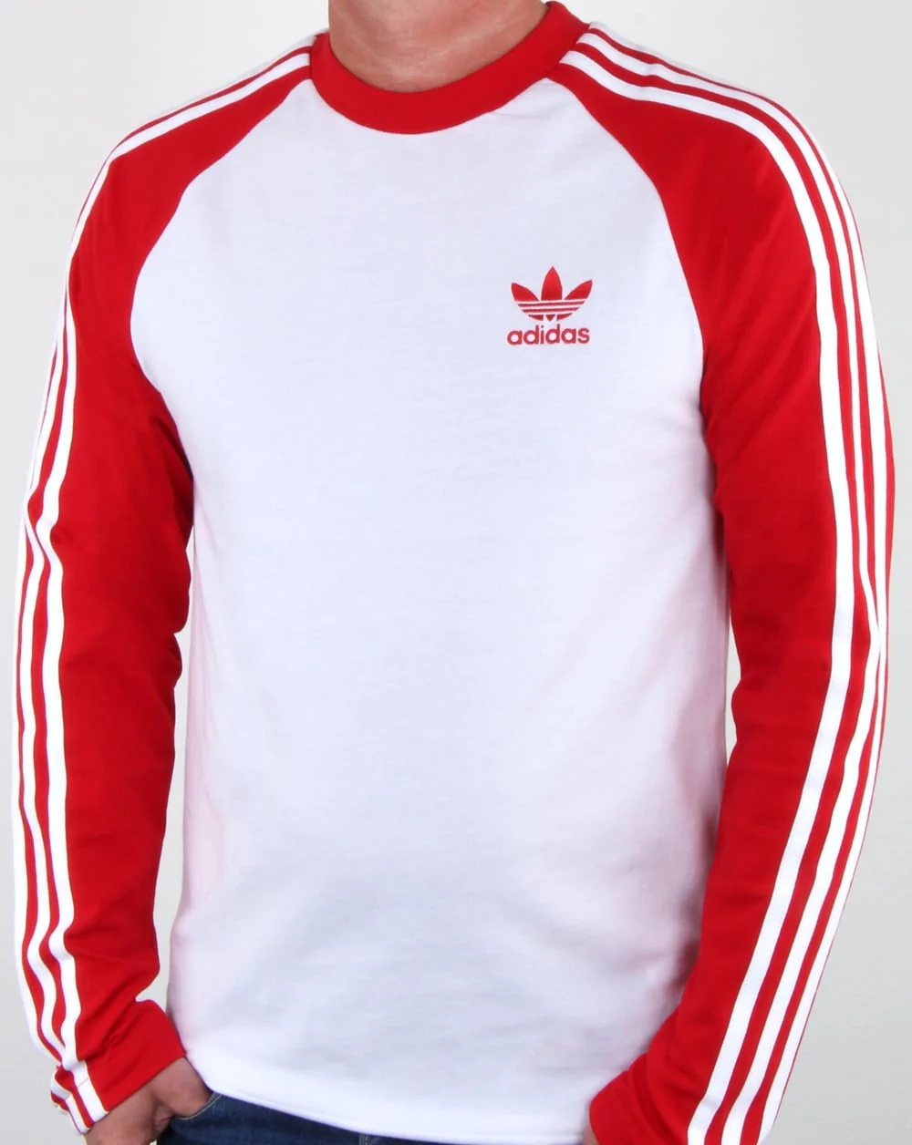 Adidas Originals Long Sleeve 3 Stripes T Shirt White/Red - Image 2