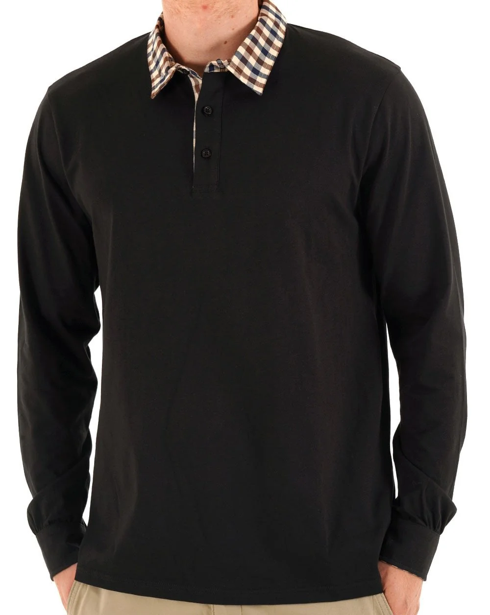 Aquascutum Club Check Long Sleeve Polo Black - Image 3