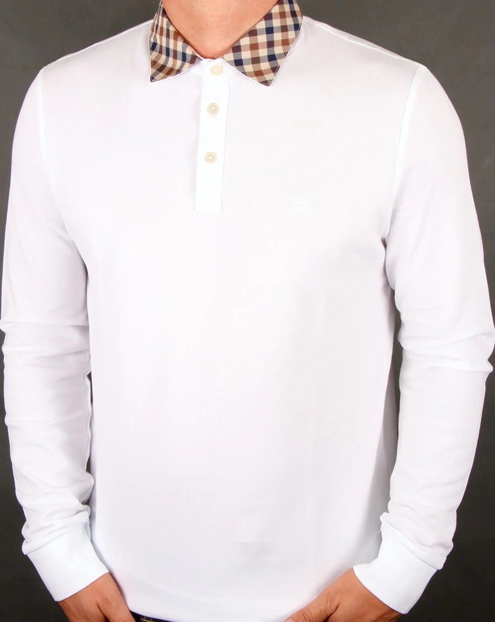 Aquascutum Nathan Check Collar Long Sleeve Polo Shirt White