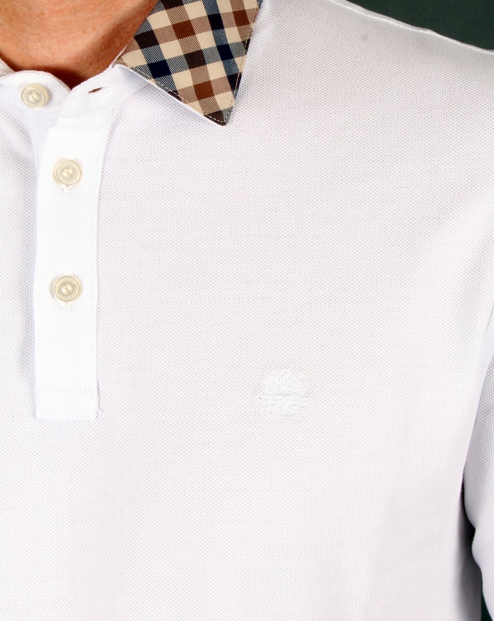 Aquascutum Nathan Check Collar Long Sleeve Polo Shirt White - Image 2