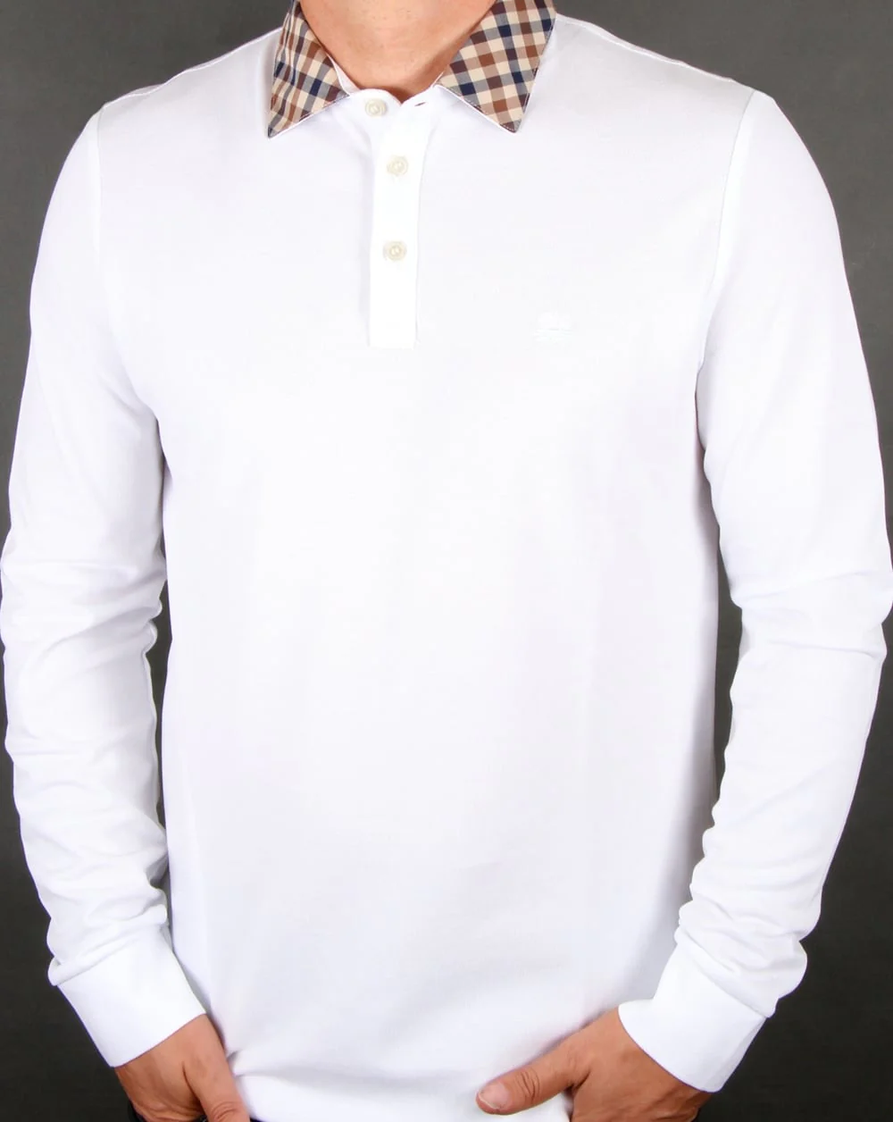 Aquascutum Nathan Check Collar Long Sleeve Polo Shirt White - Image 3