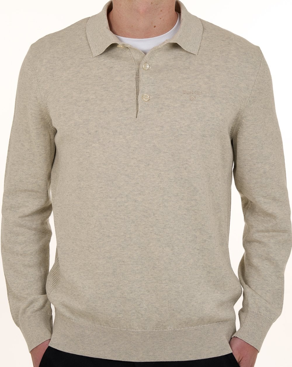 Barbour Pima Cotton Knit LS Polo Shirt Neutral - Image 4