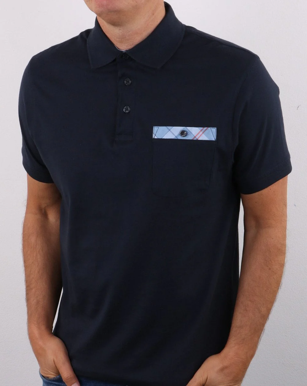 Barbour Tartan Pocket Polo Shirt Navy - Image 4