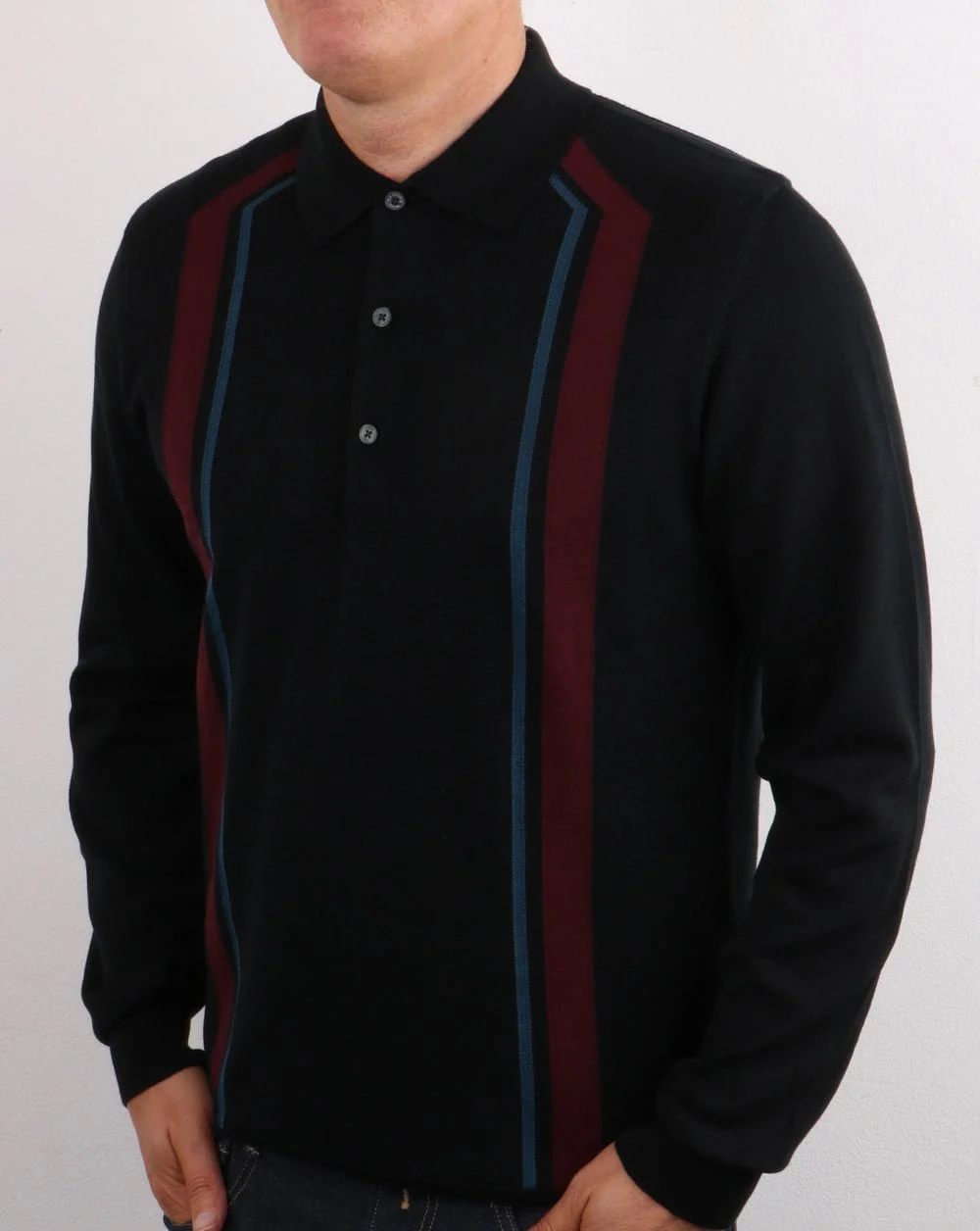 Ben Sherman Long Sleeve Mod Stripe Polo Black - Image 3