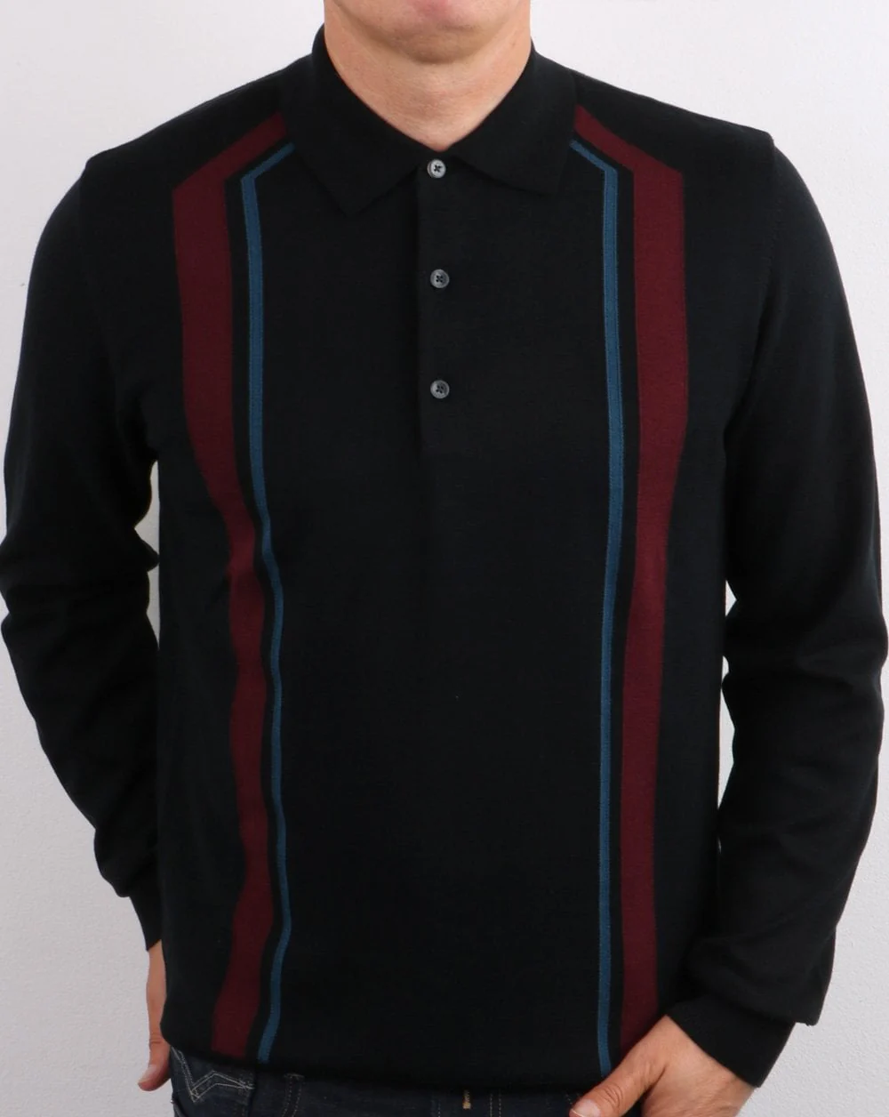Ben Sherman Long Sleeve Mod Stripe Polo Black - Image 4