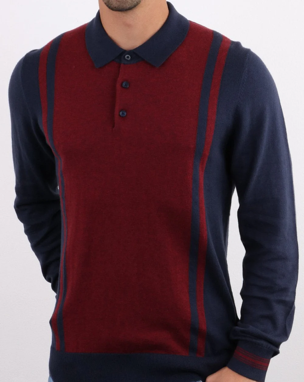 Ben Sherman Long Sleeve Stripe Knit Polo Dark Navy - Image 3