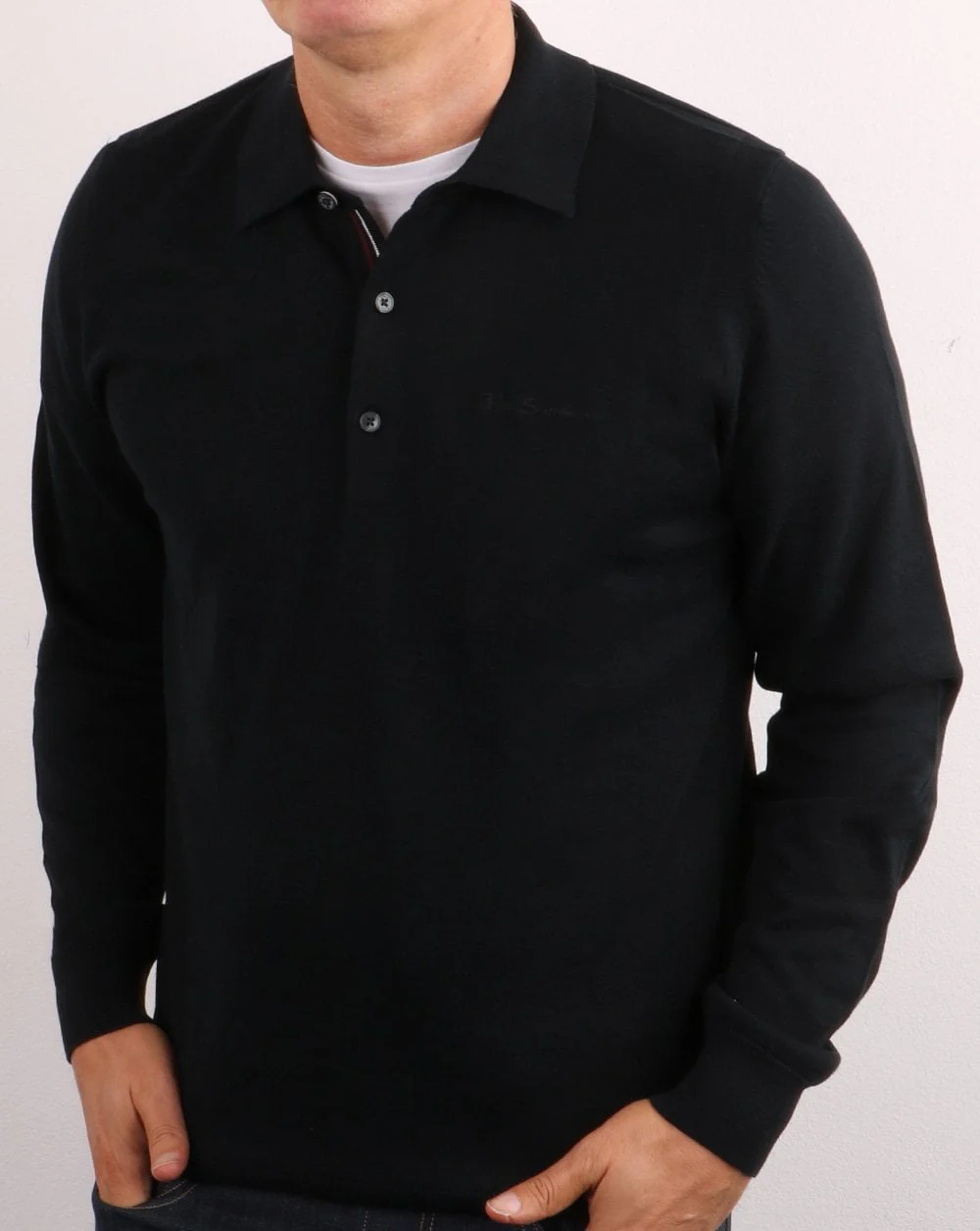 Ben Sherman Signature Cotton Long Sleeved Polo Black - Image 2