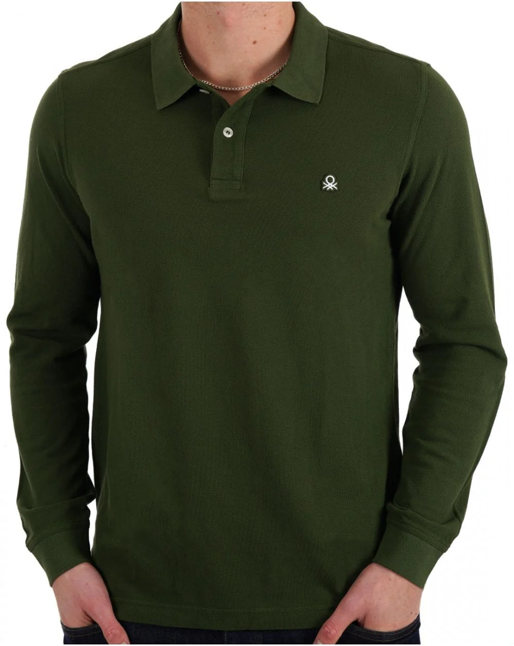 Benetton Long Sleeve Polo Shirt Dark Forest - Image 3