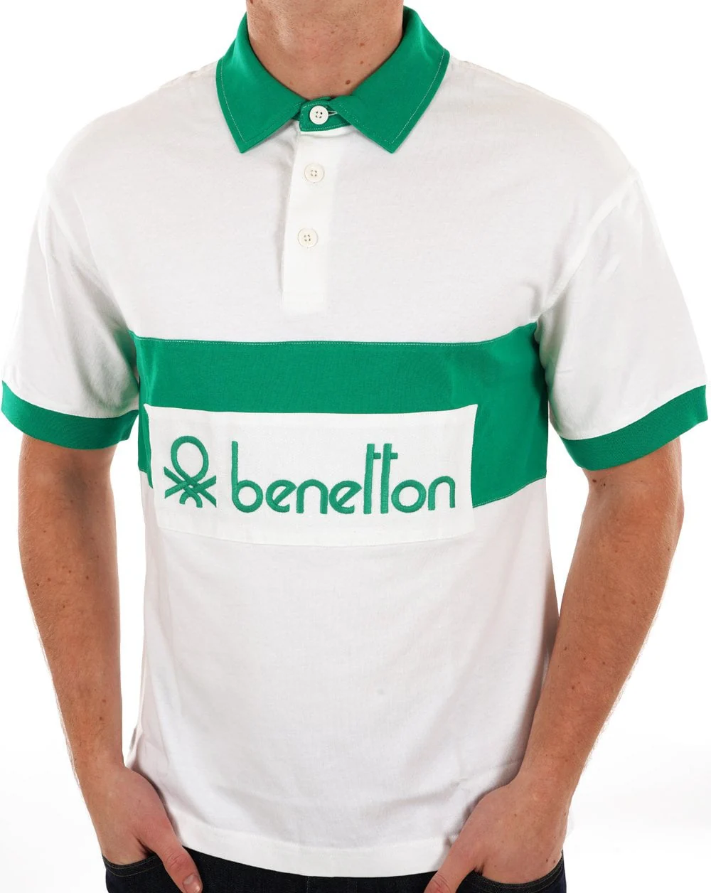 Benetton Rugby Polo Shirt White / Green - Image 3