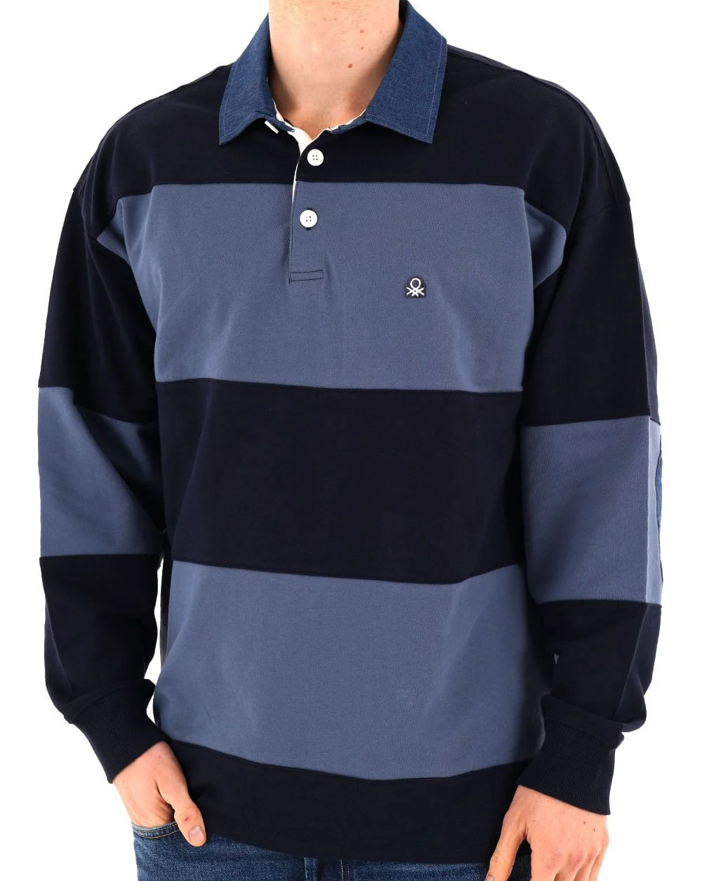 Benetton Striped Rugby Polo Top Blue - Image 3