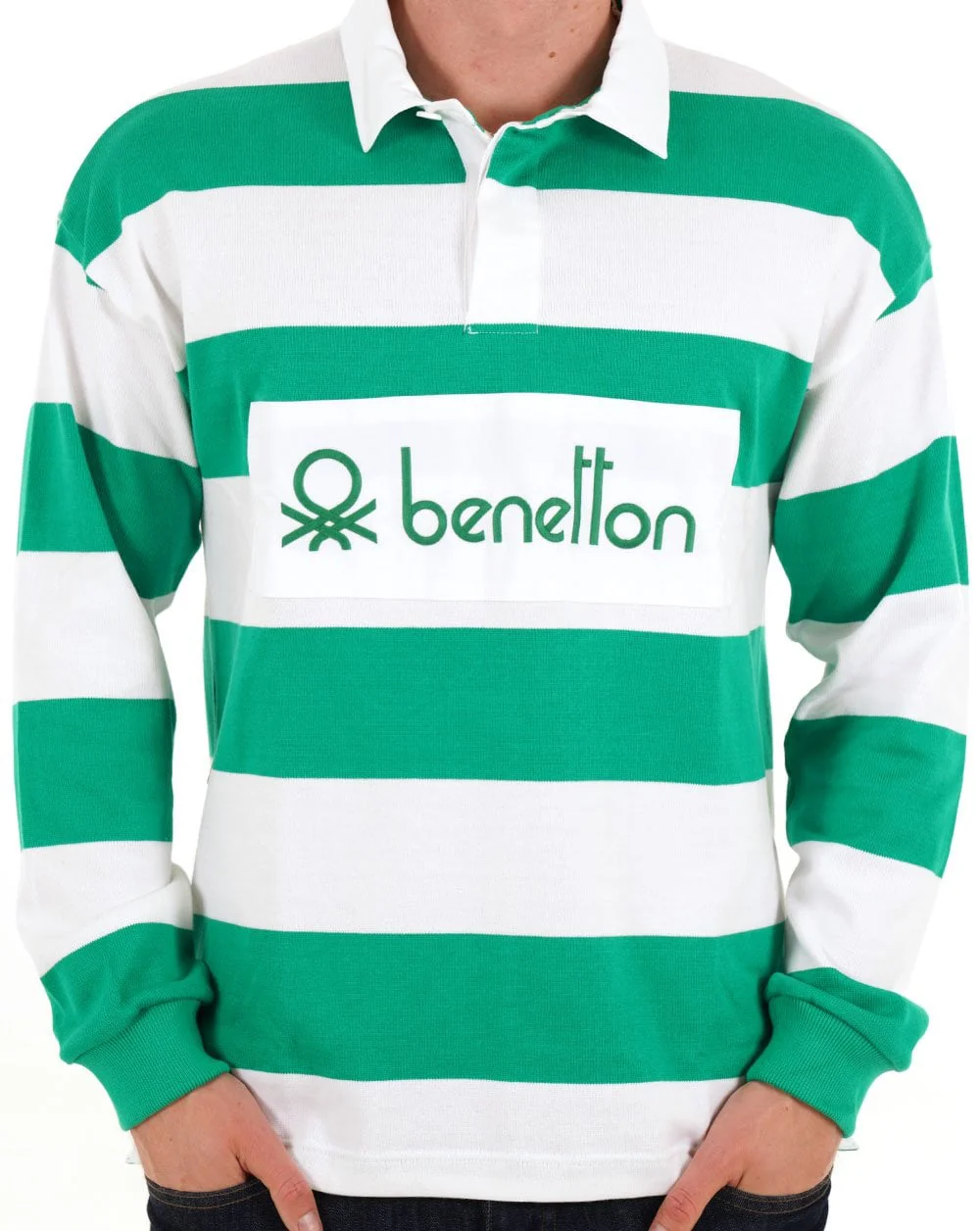 Benetton Striped Rugby Shirt White/Green - Image 2