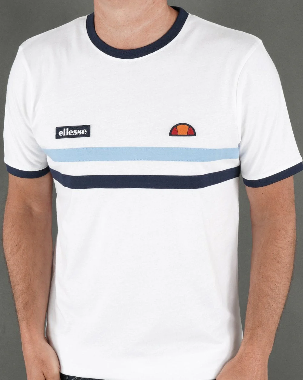 Ellesse Two Stripe T Shirt White/Sky/Navy
