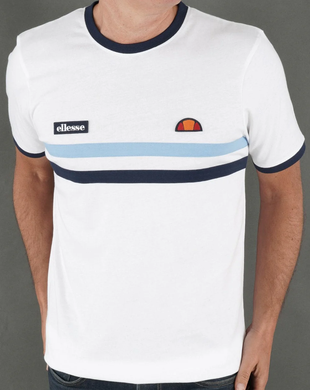 Ellesse Two Stripe T Shirt White/Sky/Navy - Image 3