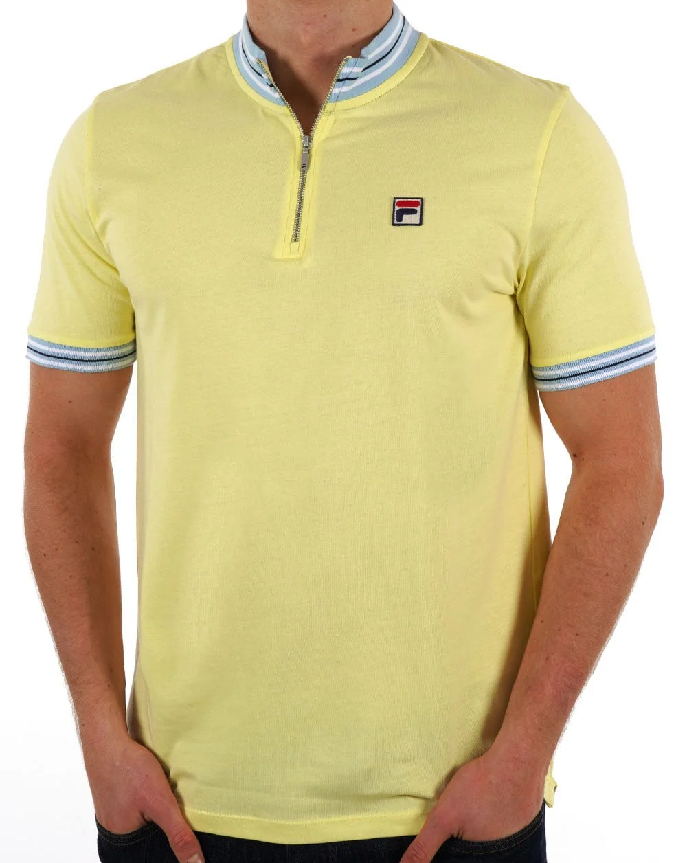 Fila Vintage 1/4 Zip Polo Shirt Yellow/Sky Blue - Image 3