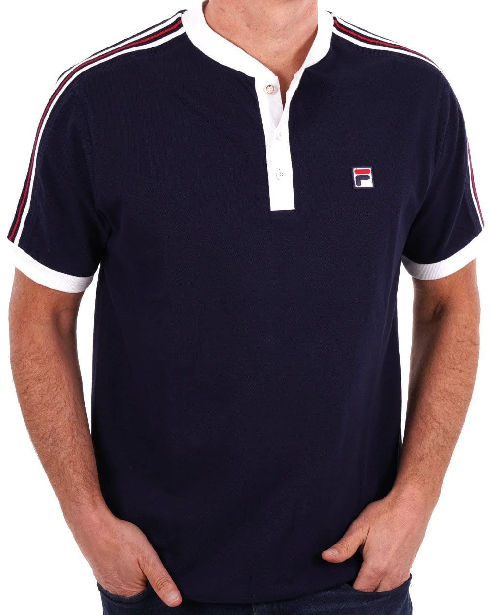 Fila Vintage Collarless Polo Shirt Navy - Image 2