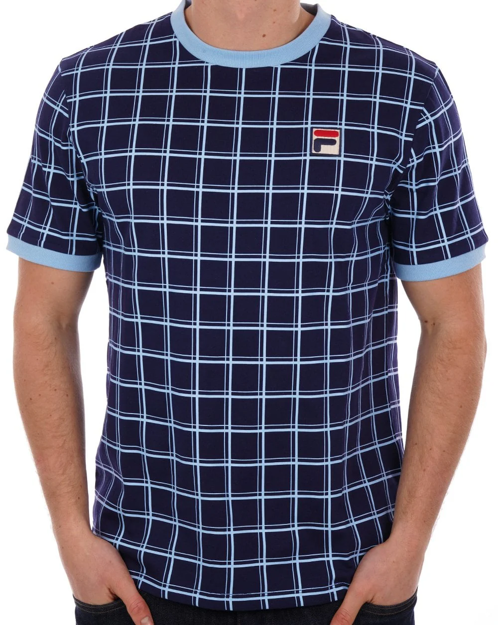 Fila Vintage Freddie Windowpane T Shirt Navy/Sky Blue