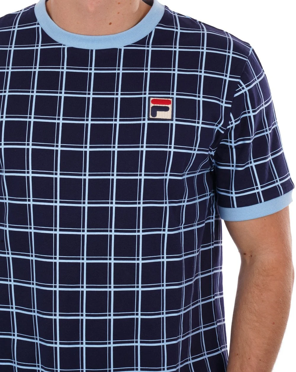 Fila Vintage Freddie Windowpane T Shirt Navy/Sky Blue - Image 2