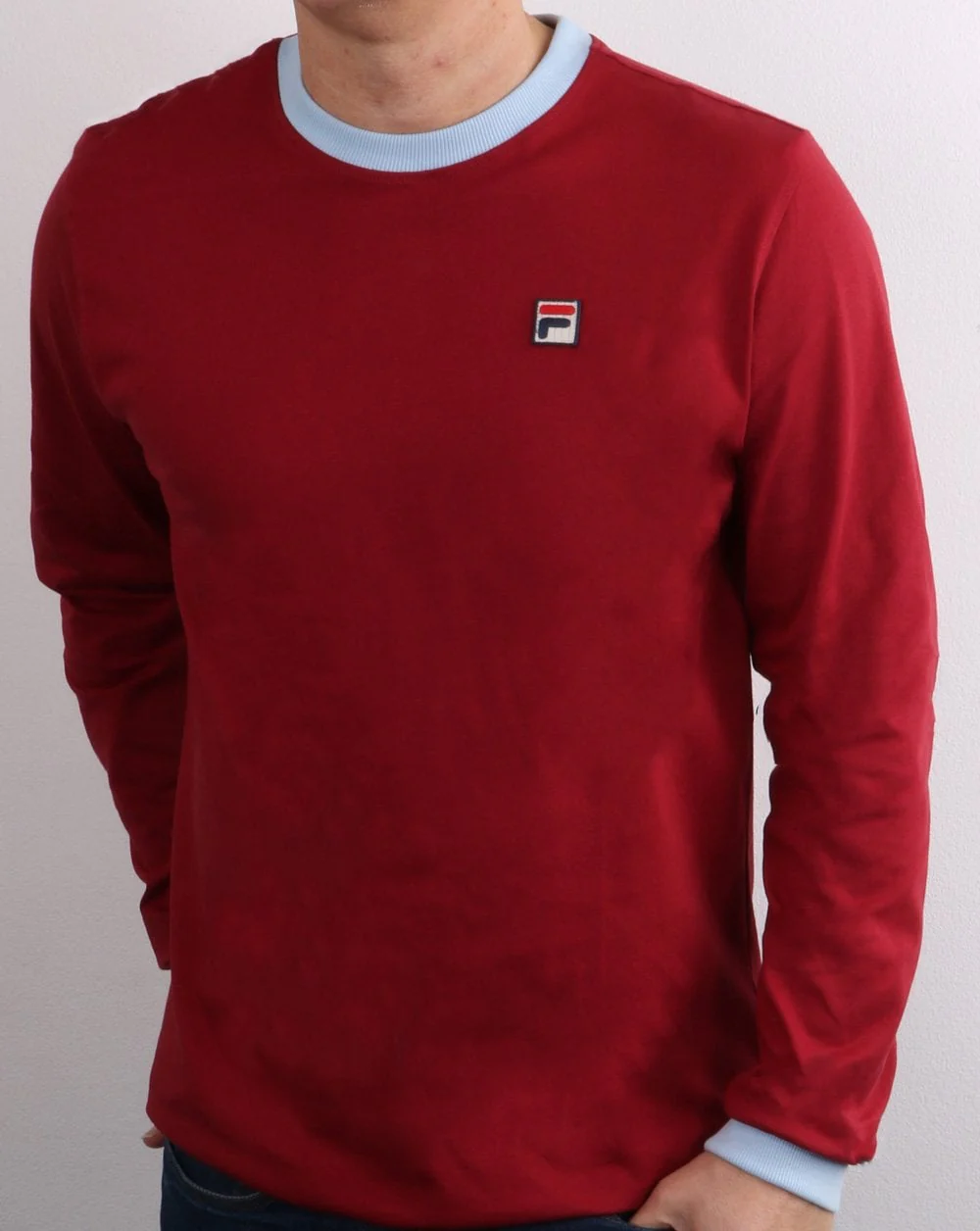 Fila Vintage Long Sleeve Ringer T Shirt Claret/Sky Blue - Image 2