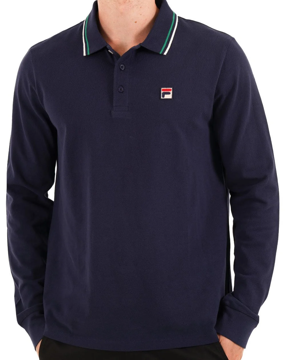 Fila Vintage Tipped Long Sleeve Polo Shirt Navy - Image 3