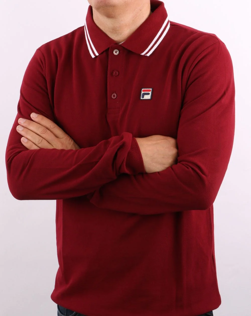 Fila Vintage Tipped LS Polo Shirt Dark Red/white - Image 3