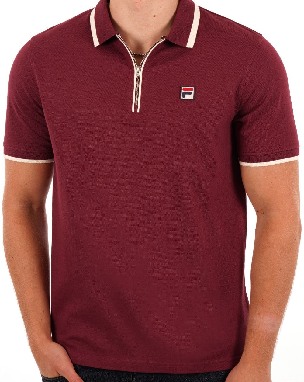 Fila Vintage Tipped Zip Polo Shirt Burgundy