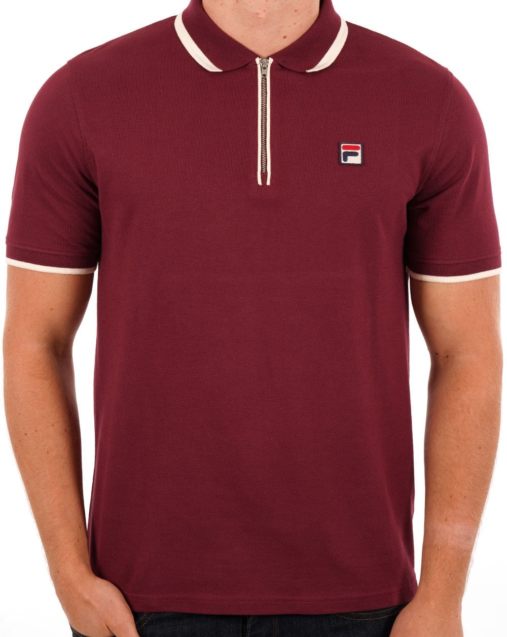 Fila Vintage Tipped Zip Polo Shirt Burgundy - Image 3