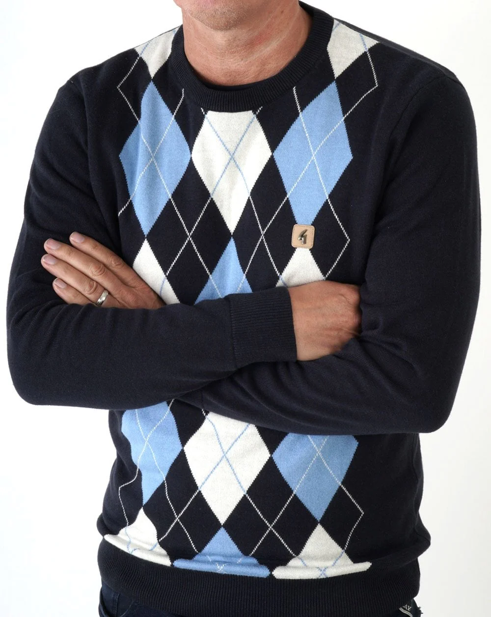 Gabicci Vintage Argyle Diamond Crew Knit Navy - Image 3
