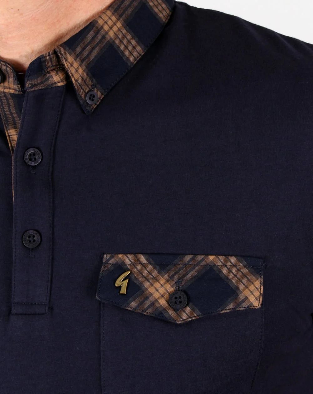 Gabicci Vintage Check Collar Polo Shirt Navy - Image 2
