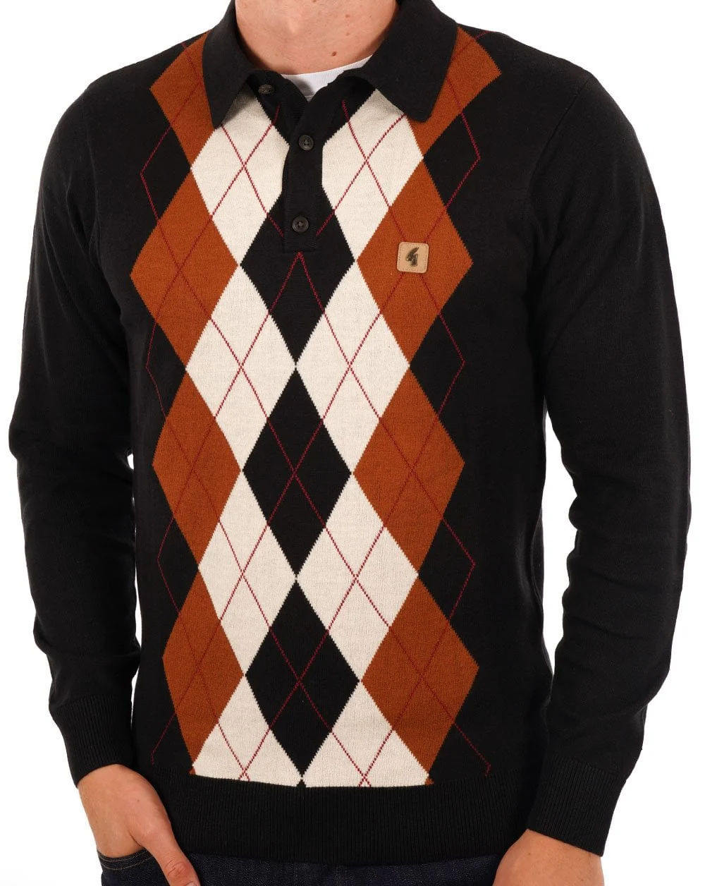 Gabicci Vintage Diamond Knit Polo Black Toffee - Image 2