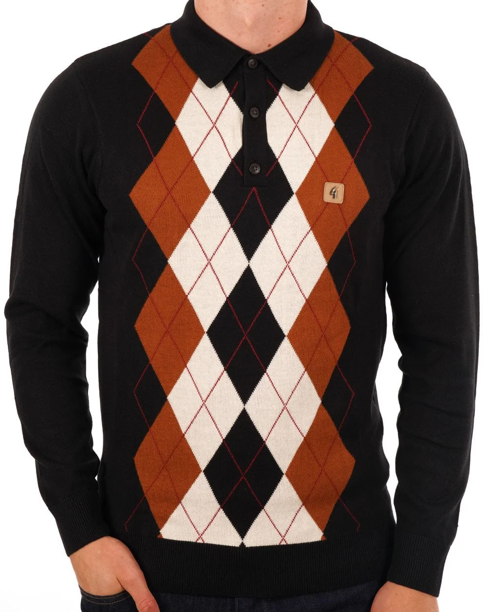 Gabicci Vintage Diamond Knit Polo Black Toffee - Image 3