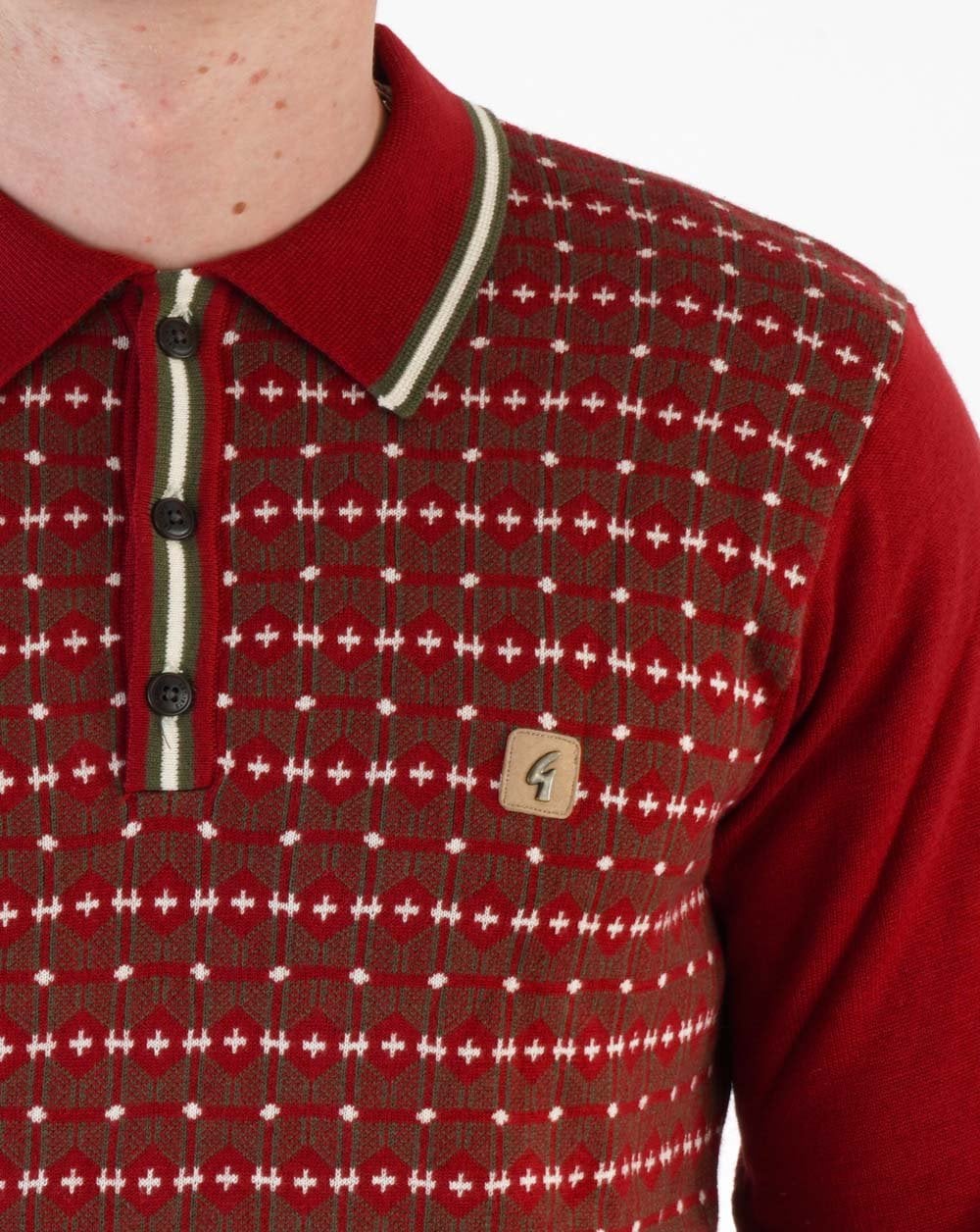 Gabicci Vintage Ernest Long Sleeve Knitted Polo Dark Red - Image 2