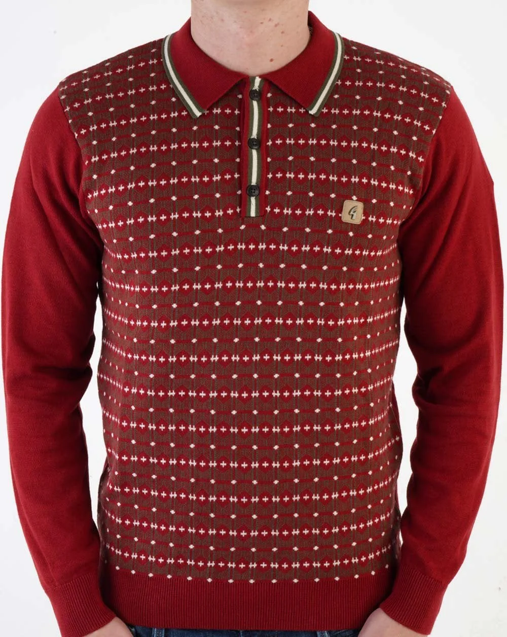 Gabicci Vintage Ernest Long Sleeve Knitted Polo Dark Red - Image 3