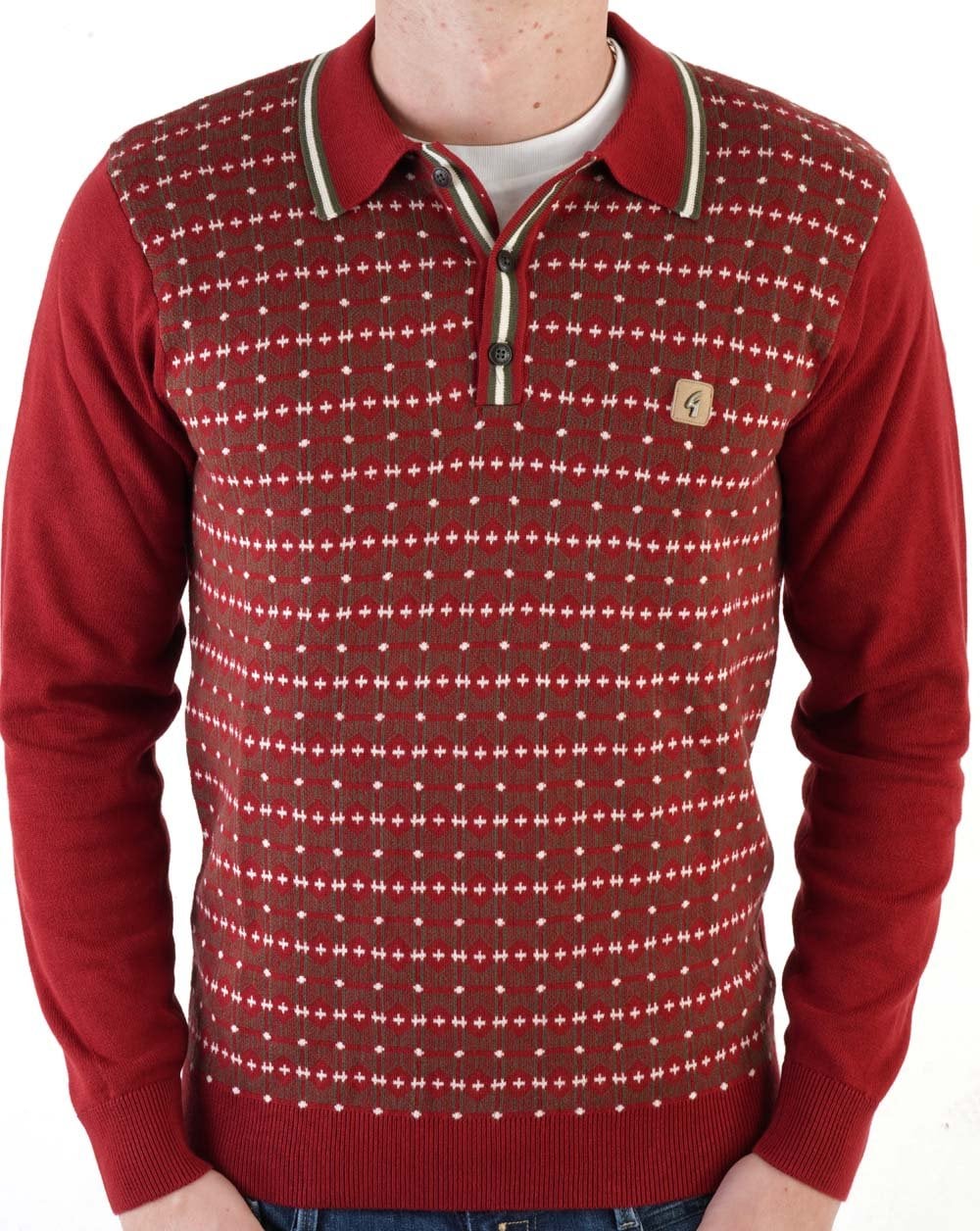 Gabicci Vintage Ernest Long Sleeve Knitted Polo Dark Red - Image 4