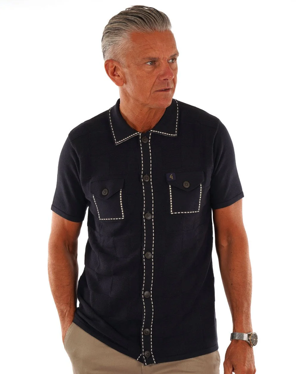 Gabicci Vintage Full Button Polo Navy - Image 2