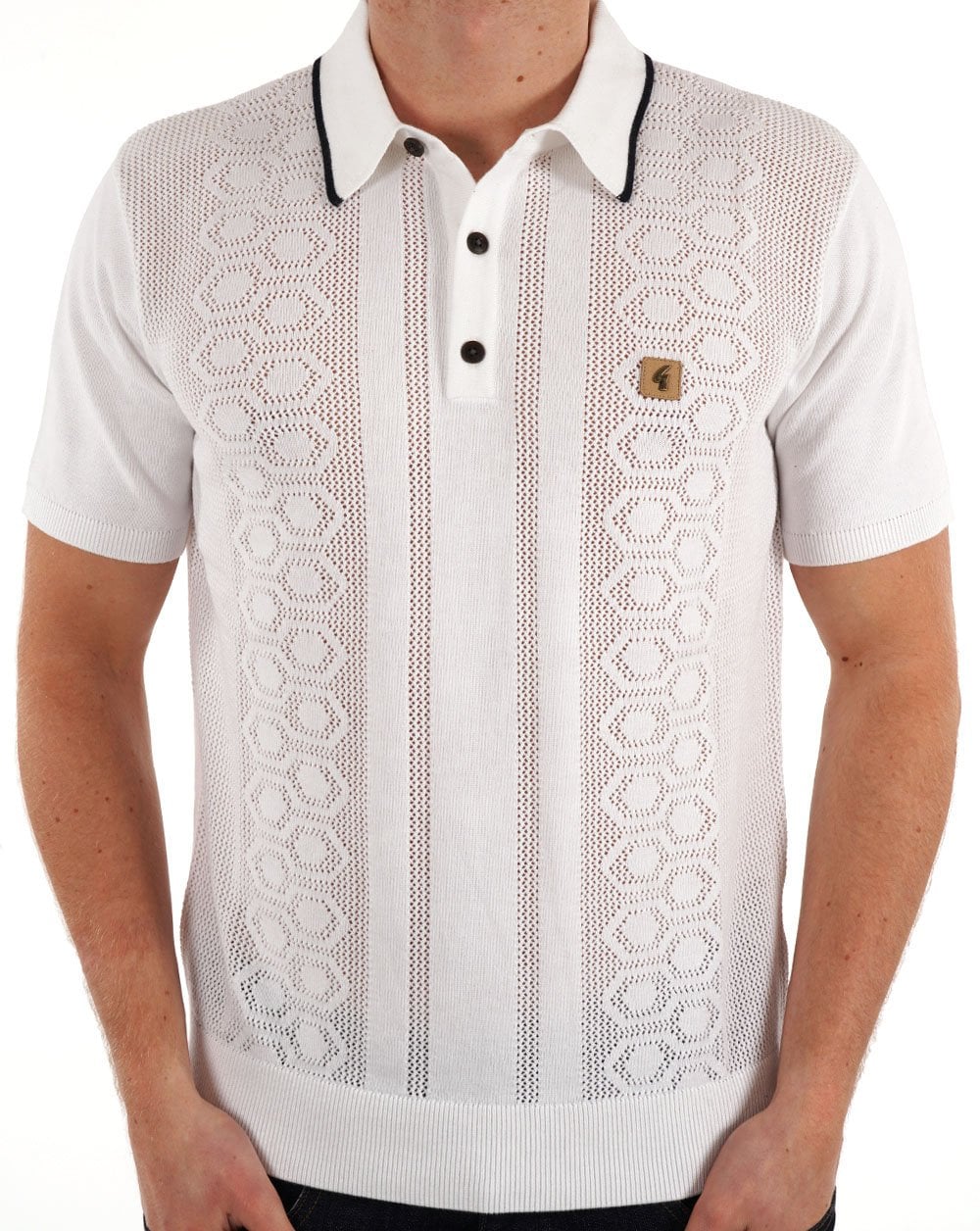 Gabicci Vintage Knitted Weave Polo White - Image 3