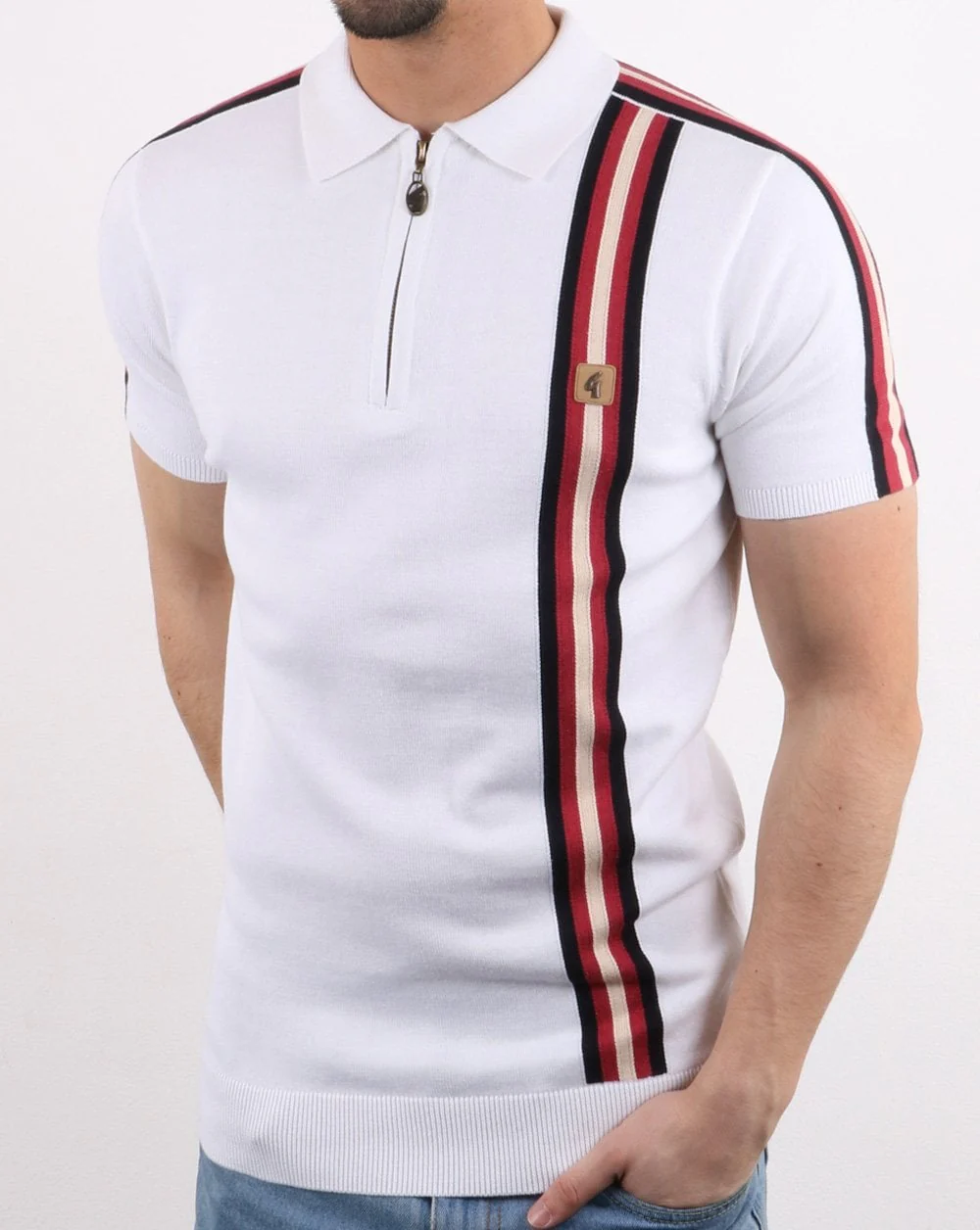 Gabicci Vintage Langton Zip Neck Knitted Polo White - Image 2