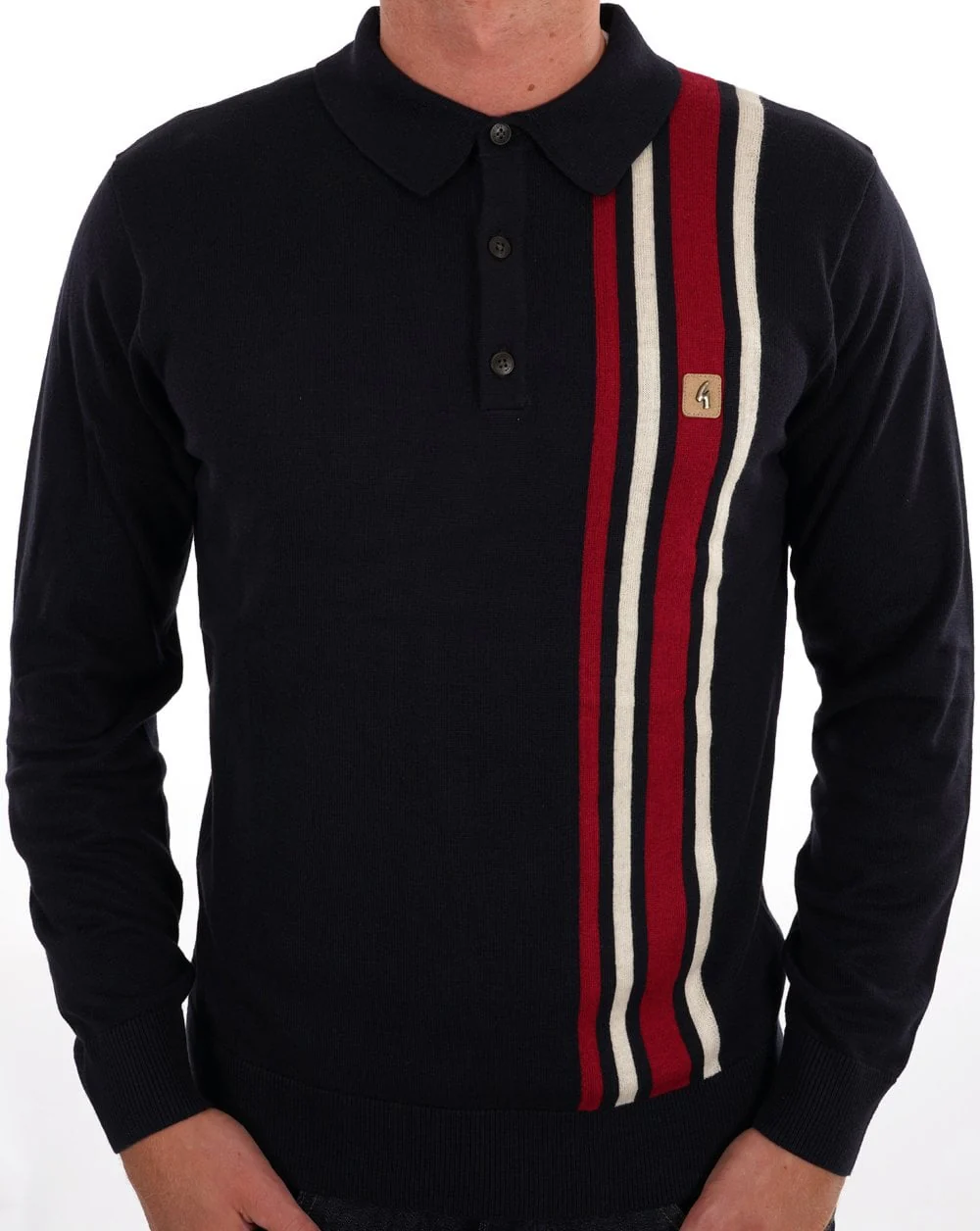 Gabicci Vintage Soda Knit LS Polo Navy Red - Image 3