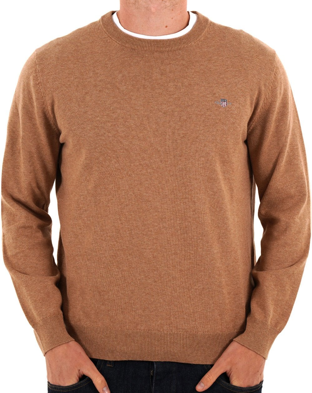 Gant Classic Cotton Crew Neck Jumper Dark Sand Melange - Image 2