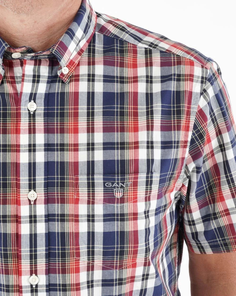 Gant Washed Poplin Check Short Sleeve Shirt Ruby - Image 2