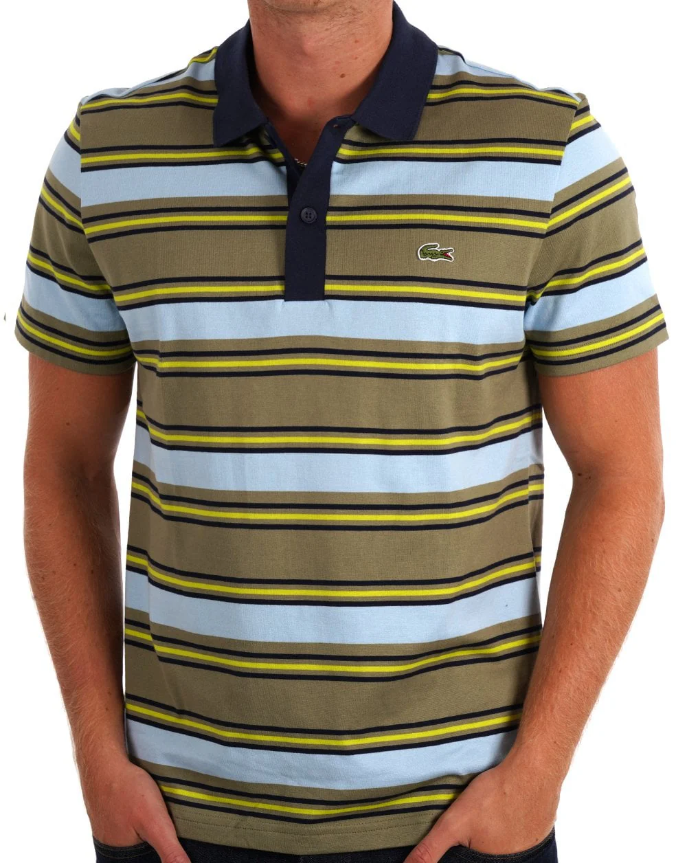 Lacoste Striped Polo Shirt Khaki Green / Blue - Image 2