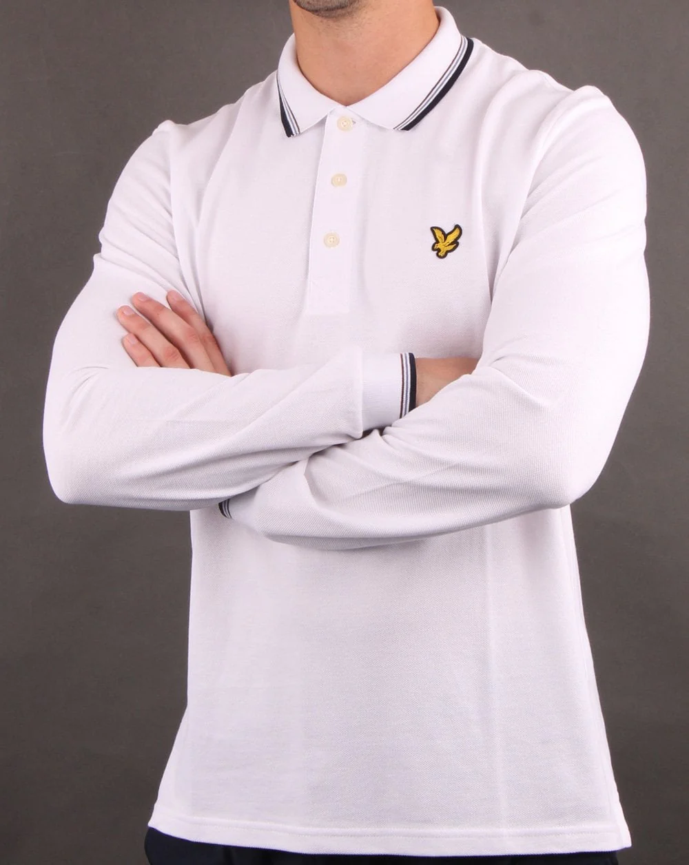 Lyle And Scott Long Sleeve Tipped Polo Shirt White/Navy - Image 3
