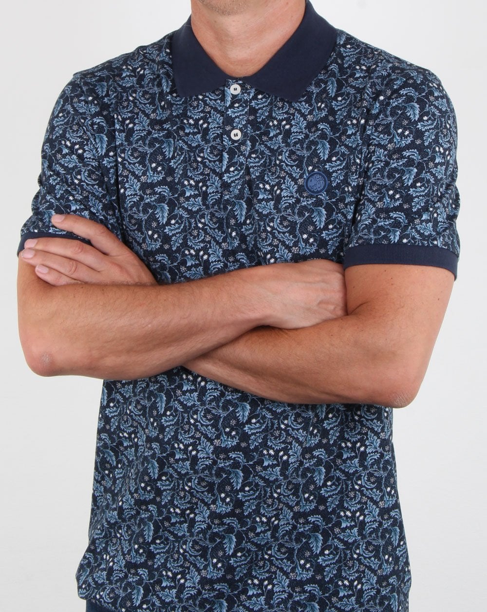 Pretty Green Floral Print Polo Shirt Navy - Image 3