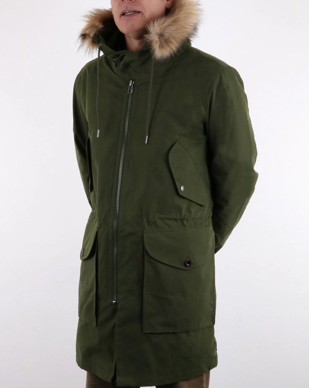Pretty Green Mens Fur Trim Hooded Parka Khaki - Image 2