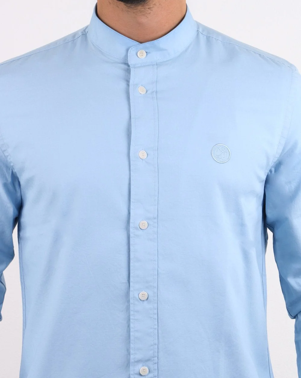 Pretty Green Mens Slim Fit Collarless Shirt Blue - Image 4