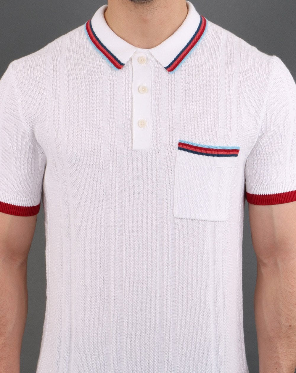 Pretty Green Stripe Pocket Knitted Polo Shirt White - Image 3