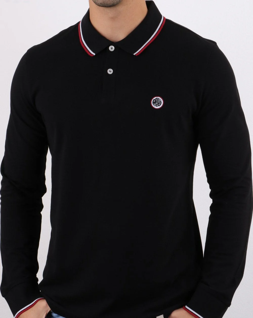 Pretty Green Tipped Long Sleeve Polo Shirt Black