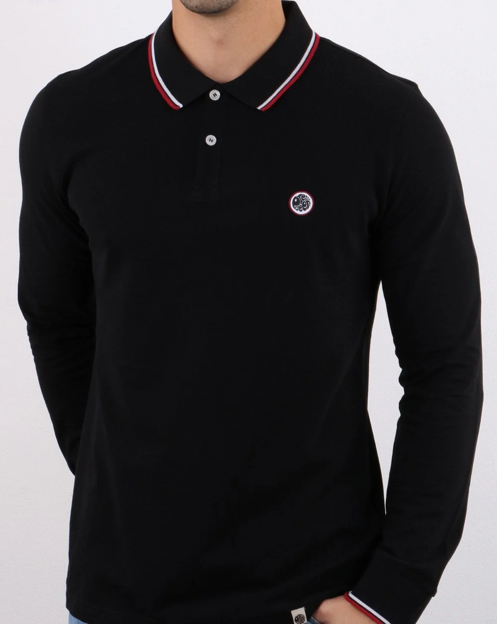 Pretty Green Tipped Long Sleeve Polo Shirt Black - Image 3