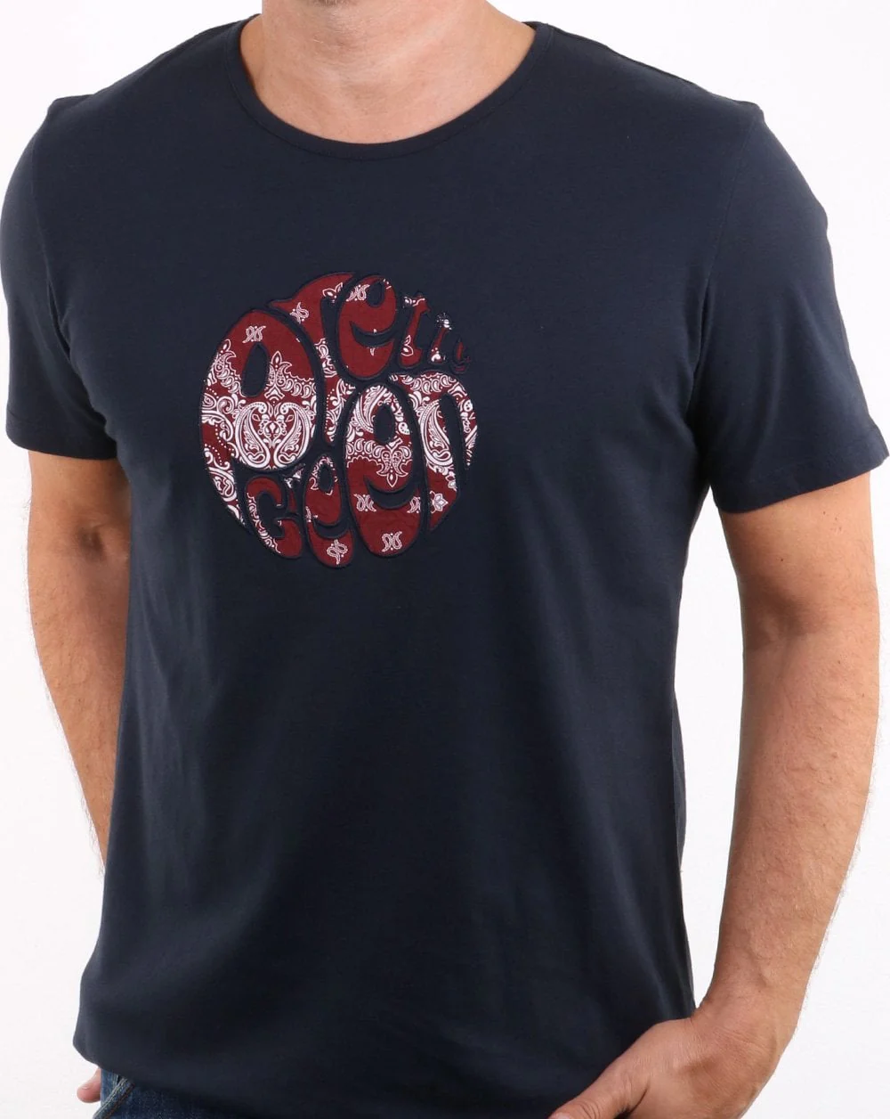 Pretty Green Winston Red Applique Logo T-shirt Navy - Image 3