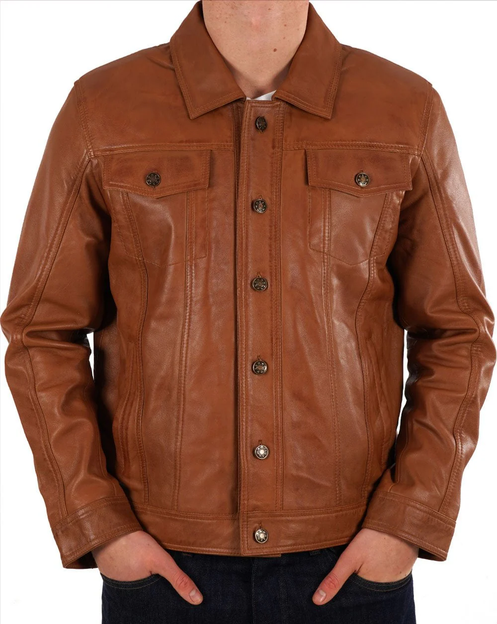 Real Hoxton Leather Trucker Jacket Tan - Image 3