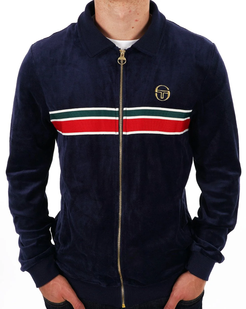 Sergio Tacchini Striped 70s Velour Track Top Navy - Image 3
